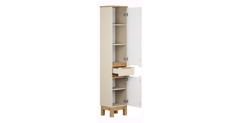 Conjunto ERMANO cachemira y acabado en roble 115cm: mueble bajo lavabo + lavabo sobre encimera blanco asimétrico + columna