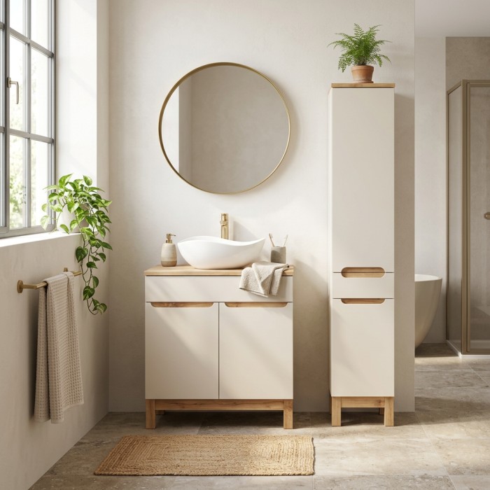ERMANO cachemire en eikenlook 115cm: onderkastmeubel + asymmetrische witte opzetwastafel + kolomkast