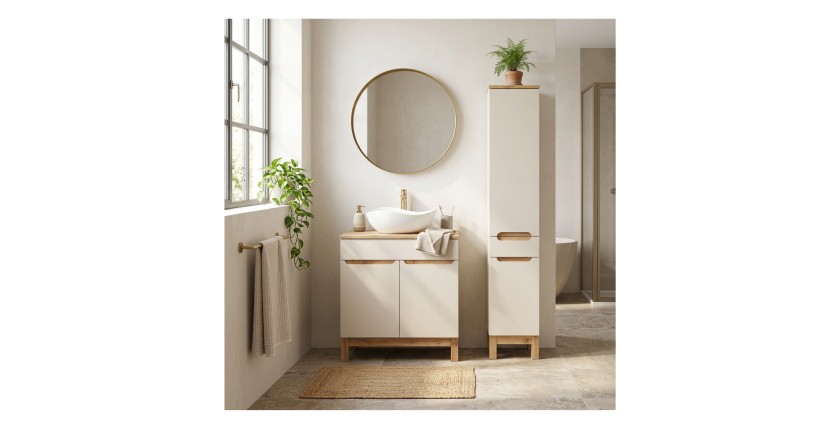 Conjunto ERMANO cachemira y acabado en roble 115cm: mueble bajo lavabo + lavabo sobre encimera blanco asimétrico + columna