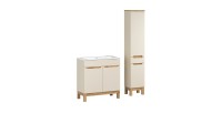 Ensemble de salle de bain ERMANO cachemire et aspect chêne 115cm : meuble sous vasque + vasque encastrée + colonne