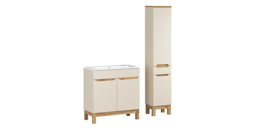 Ensemble de salle de bain ERMANO cachemire et aspect chêne 115cm : meuble sous vasque + vasque encastrée + colonne