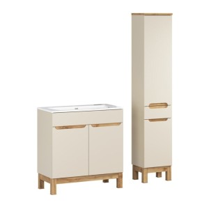 Ensemble de salle de bain ERMANO cachemire et aspect chêne 115cm : meuble sous vasque + vasque encastrée + colonne