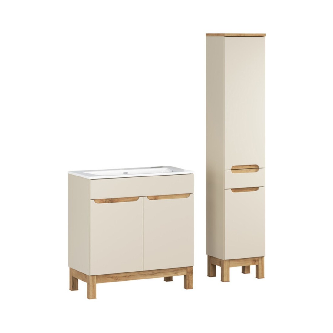 Ensemble de salle de bain ERMANO cachemire et aspect chêne 115cm : meuble sous vasque + vasque encastrée + colonne