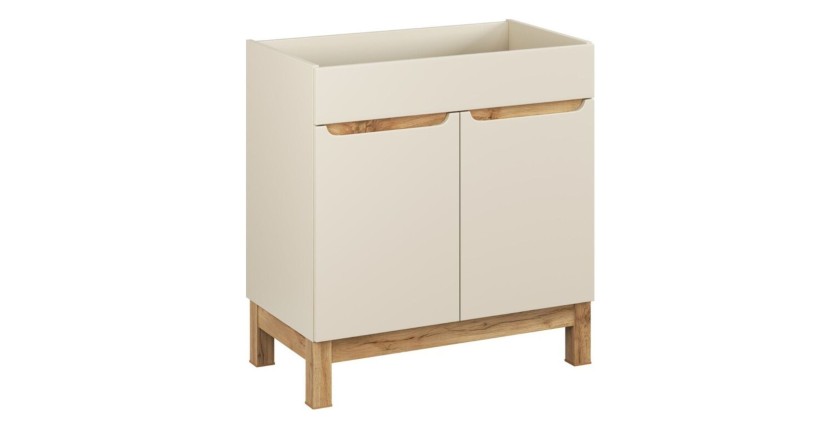 Ensemble de salle de bain ERMANO cachemire et aspect chêne 115cm : meuble sous vasque + vasque encastrée + colonne