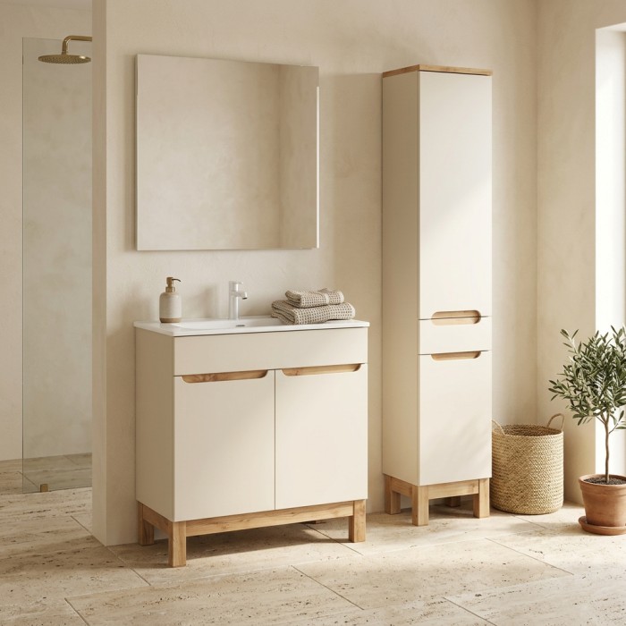 Set per bagno ERMANO cashmere e finitura quercia 115cm: mobile sottolavabo + lavabo incassato + colonna