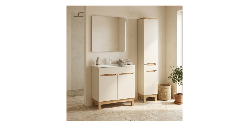 Ensemble de salle de bain ERMANO cachemire et aspect chêne 115cm : meuble sous vasque + vasque encastrée + colonne