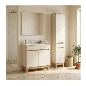 Ensemble de salle de bain ERMANO cachemire et aspect chêne 115cm : meuble sous vasque + vasque encastrée + colonne