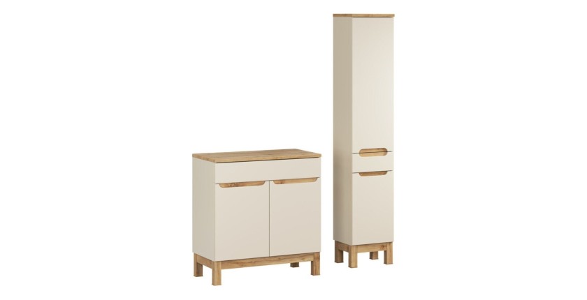 Set da bagno ERMANO cachemire e finitura quercia 115cm: mobile sotto lavabo + piano per lavabo + colonna