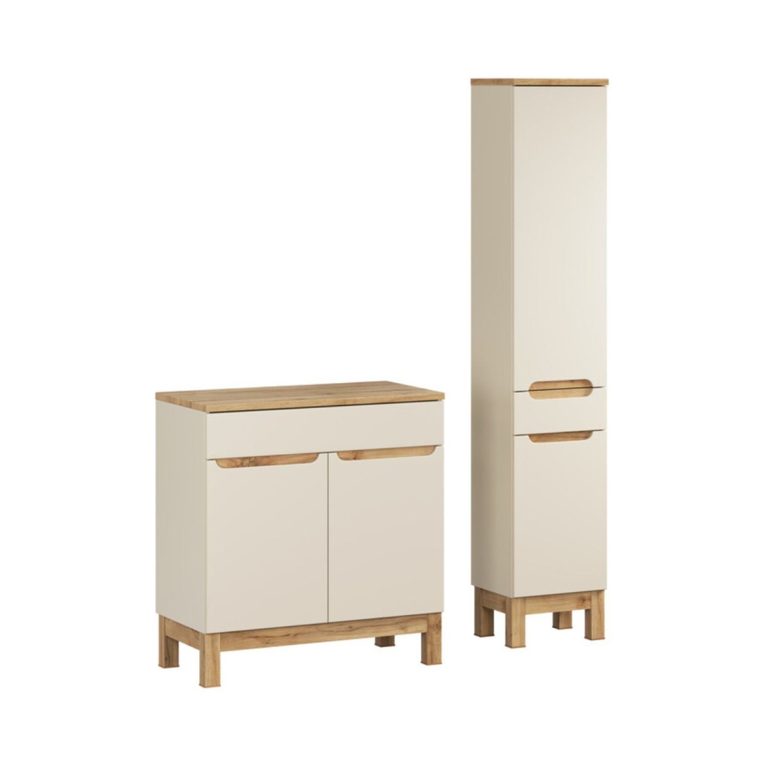 Set da bagno ERMANO cachemire e finitura quercia 115cm: mobile sotto lavabo + piano per lavabo + colonna
