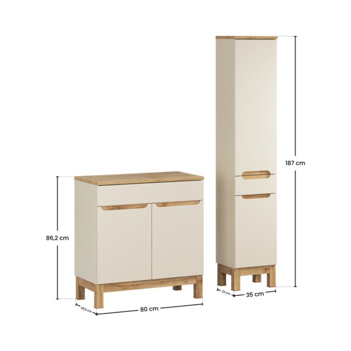 Conjunto de baño ERMANO cachemira y acabado en roble 115cm: mueble bajo lavabo + encimera para lavabo + columna