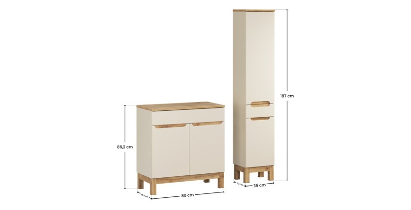 Set da bagno ERMANO cachemire e finitura quercia 115cm: mobile sotto lavabo + piano per lavabo + colonna