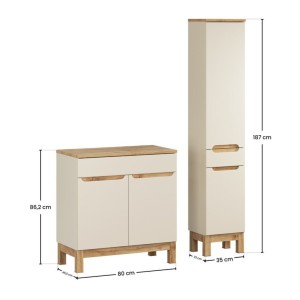 Set da bagno ERMANO cachemire e finitura quercia 115cm: mobile sotto lavabo + piano per lavabo + colonna