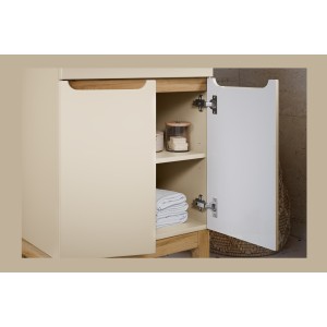 Set da bagno ERMANO cachemire e finitura quercia 115cm: mobile sotto lavabo + piano per lavabo + colonna
