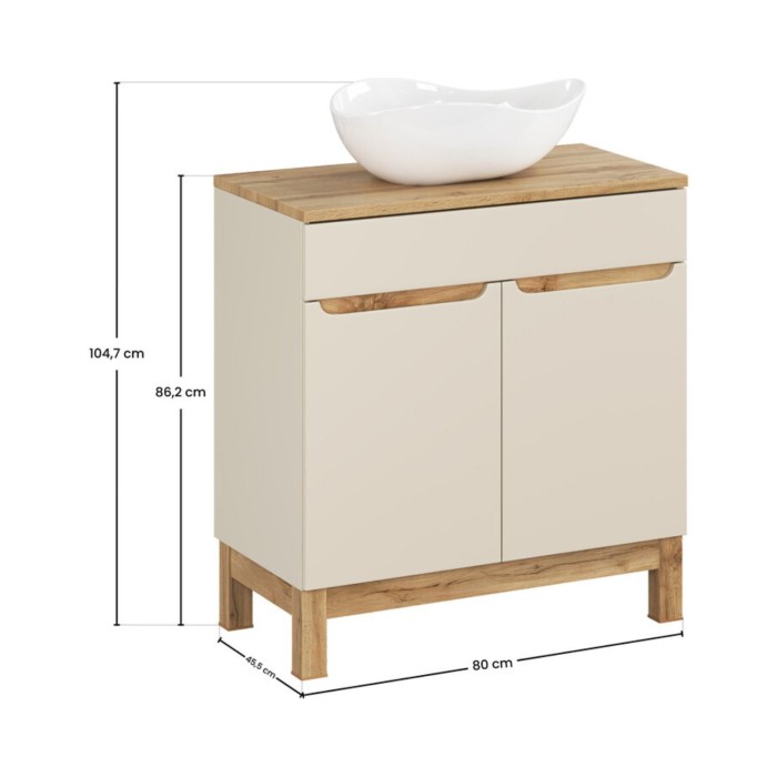 ERMANO set kasjmier en eiken look 80cm: onderkast + bovenblad voor wastafel + asymmetrische witte opbouwwastafel