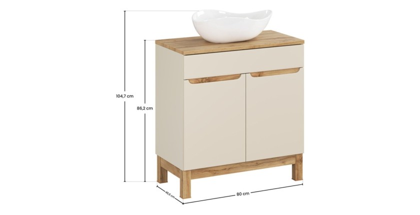 Conjunto ERMANO de cachemira y acabado en roble 80cm: mueble bajo lavabo + encimera para lavabo + lavabo sobre encimera blanco a