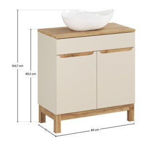 Conjunto ERMANO de cachemira y acabado en roble 80cm: mueble bajo lavabo + encimera para lavabo + lavabo sobre encimera blanco a