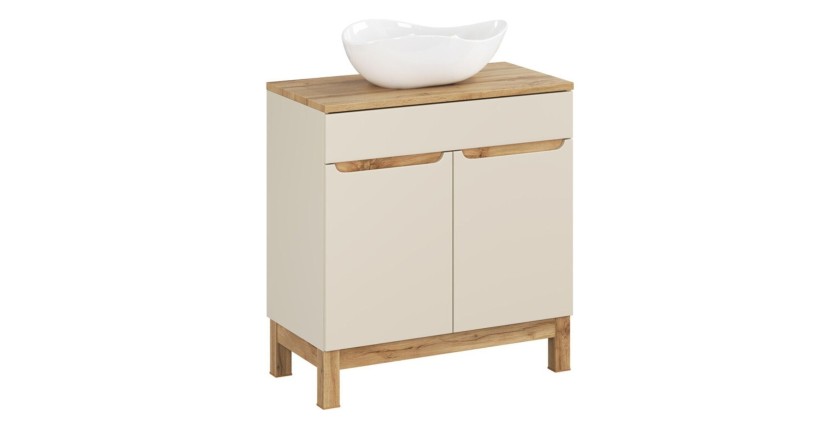 Conjunto ERMANO de cachemira y acabado en roble 80cm: mueble bajo lavabo + encimera para lavabo + lavabo sobre encimera blanco a