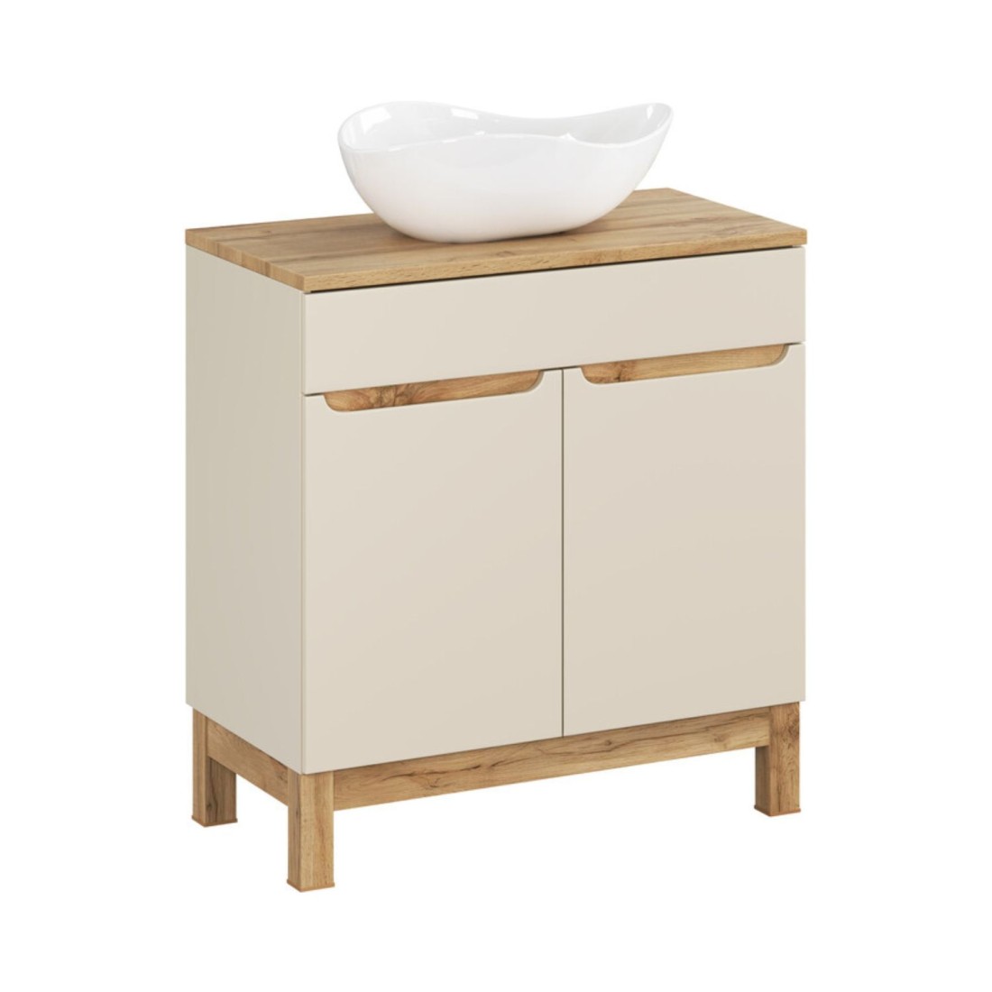 Conjunto ERMANO de cachemira y acabado en roble 80cm: mueble bajo lavabo + encimera para lavabo + lavabo sobre encimera blanco a