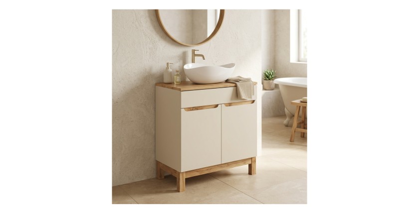 Conjunto ERMANO de cachemira y acabado en roble 80cm: mueble bajo lavabo + encimera para lavabo + lavabo sobre encimera blanco a