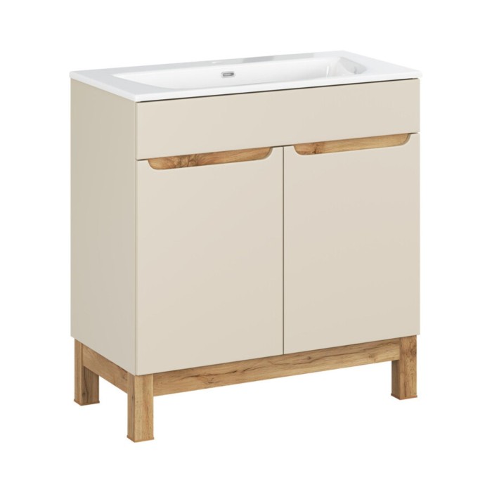 Badezimmer-Set ERMANO Kaschmir und Eichenoptik 80cm: Unterschrank + eingelassenes weißes Waschbecken
