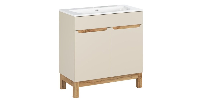 Ensemble de salle de bain ERMANO cachemire et aspect chêne 80cm : meuble sous vasque + vasque encastrée blanche