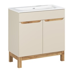 Ensemble de salle de bain ERMANO cachemire et aspect chêne 80cm : meuble sous vasque + vasque encastrée blanche