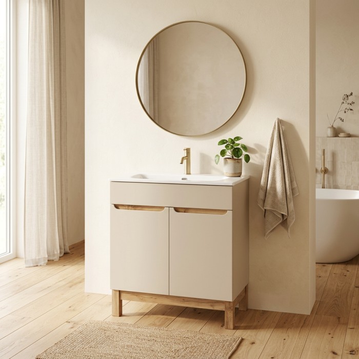 Badezimmer-Set ERMANO Kaschmir und Eichenoptik 80cm: Unterschrank + eingelassenes weißes Waschbecken