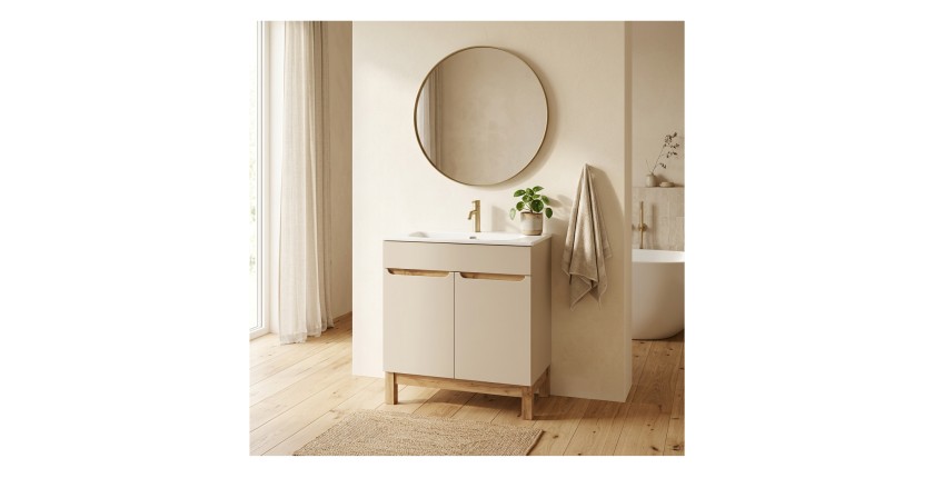 Ensemble de salle de bain ERMANO cachemire et aspect chêne 80cm : meuble sous vasque + vasque encastrée blanche