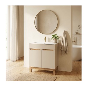 Ensemble de salle de bain ERMANO cachemire et aspect chêne 80cm : meuble sous vasque + vasque encastrée blanche