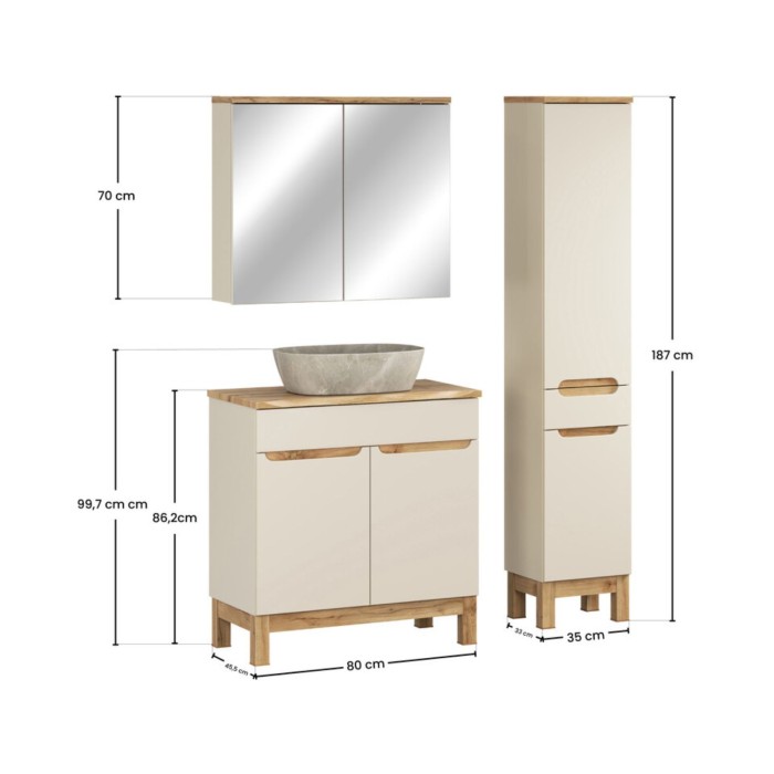 Set ERMANO cachemire 115cm: mobile con lavabo + piano per lavabo smussato + lavabo da appoggio + mobili contenitori + specchi
