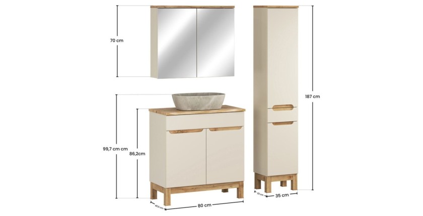 Ensemble ERMANO cachemire 115cm : meuble sous vasque + plan pour vasque biseauté + vasque à poser + rangements + miroirs