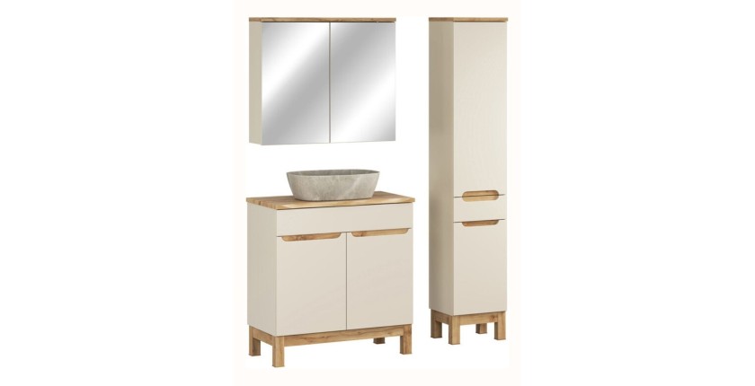 Ensemble ERMANO cachemire 115cm : meuble sous vasque + plan pour vasque biseauté + vasque à poser + rangements + miroirs