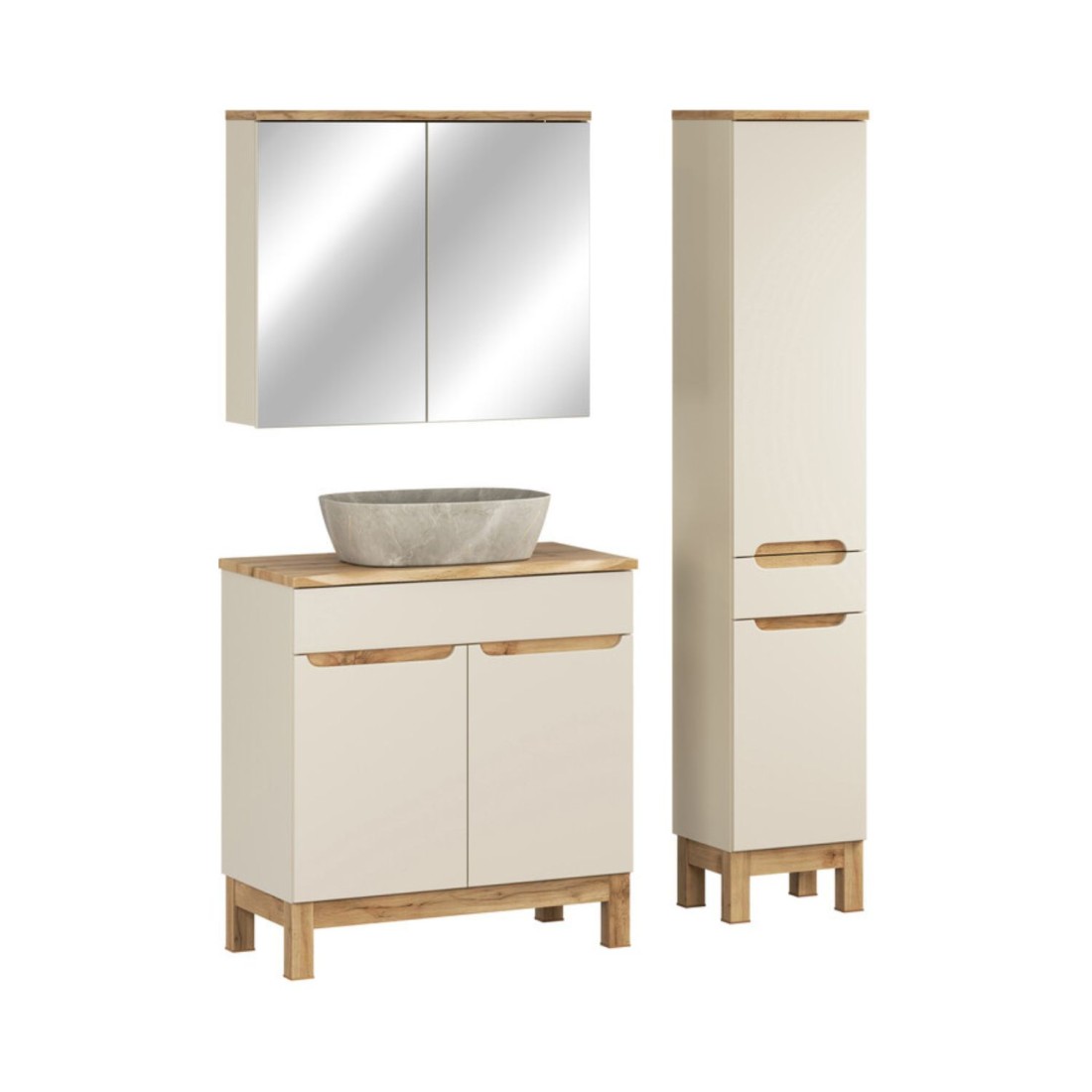 Ensemble ERMANO cachemire 115cm : meuble sous vasque + plan pour vasque biseauté + vasque à poser + rangements + miroirs