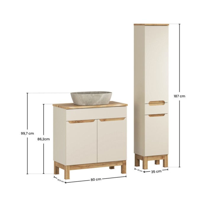 Ensemble ERMANO cachemire 115cm : meuble sous vasque, plan pour vasque biseauté, vasque à poser et colonne dimensions