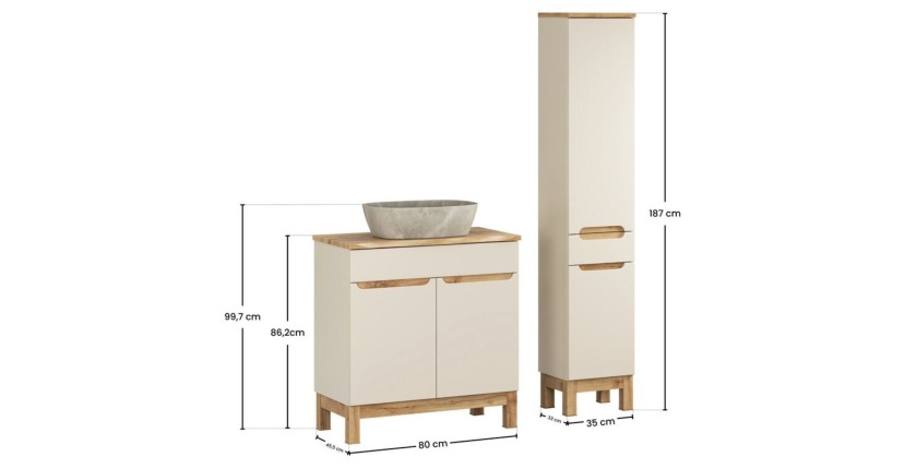 Ensemble ERMANO cachemire 115cm : meuble sous vasque, plan pour vasque biseauté, vasque à poser et colonne dimensions