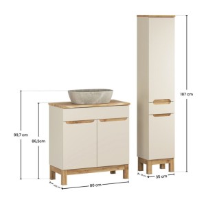 Ensemble ERMANO cachemire 115cm : meuble sous vasque, plan pour vasque biseauté, vasque à poser et colonne dimensions