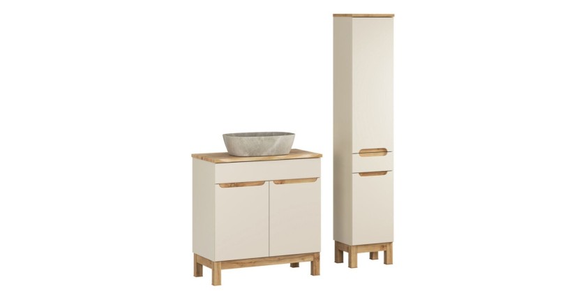 Ensemble ERMANO cachemire 115cm : meuble sous vasque, plan pour vasque biseauté, vasque à poser et colonne