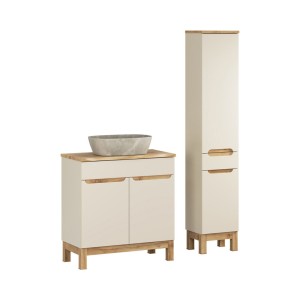 Ensemble ERMANO cachemire 115cm : meuble sous vasque, plan pour vasque biseauté, vasque à poser et colonne