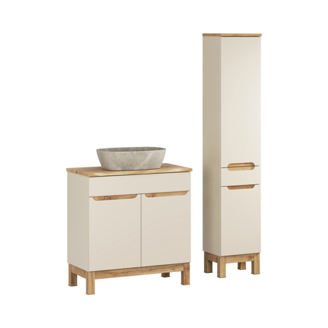 Ensemble ERMANO cachemire 115cm : meuble sous vasque, plan pour vasque biseauté, vasque à poser et colonne