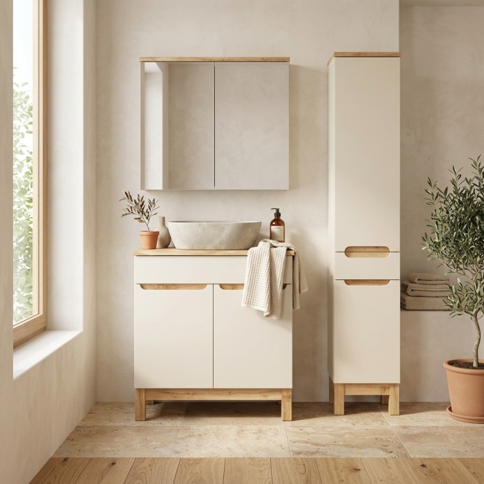 Ensemble ERMANO cachemire 115cm : meuble sous vasque, plan pour vasque biseauté, vasque à poser et colonne mis en situation