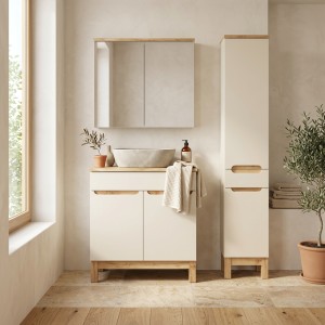 Ensemble ERMANO cachemire 115cm : meuble sous vasque, plan pour vasque biseauté, vasque à poser et colonne mis en situation