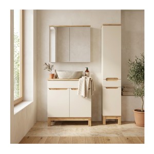 Ensemble ERMANO cachemire 115cm : meuble sous vasque, plan pour vasque biseauté, vasque à poser et colonne mis en situation