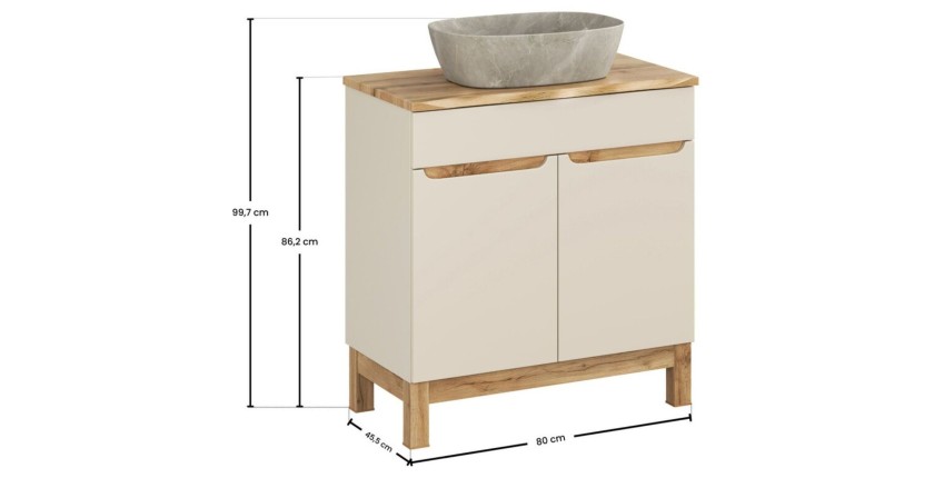 Ensemble ERMANO cachemire 80cm : meuble sous vasque, plan pour vasque biseauté et vasque à poser dimensions