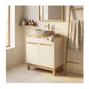 Ensemble ERMANO cachemire 80cm : meuble sous vasque, plan pour vasque biseauté et vasque à poser mis en situation