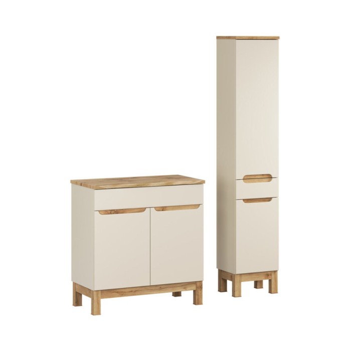 Set da bagno ERMANO color cachemire e finitura rovere 115cm: mobile sottolavabo + piano per lavabo smussato + colonna