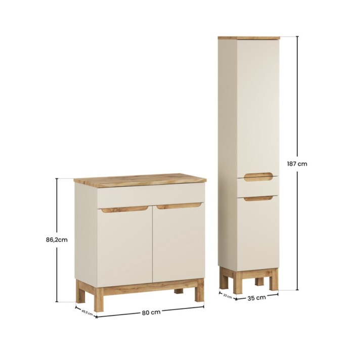 Set da bagno ERMANO color cachemire e finitura rovere 115cm: mobile sottolavabo + piano per lavabo smussato + colonna