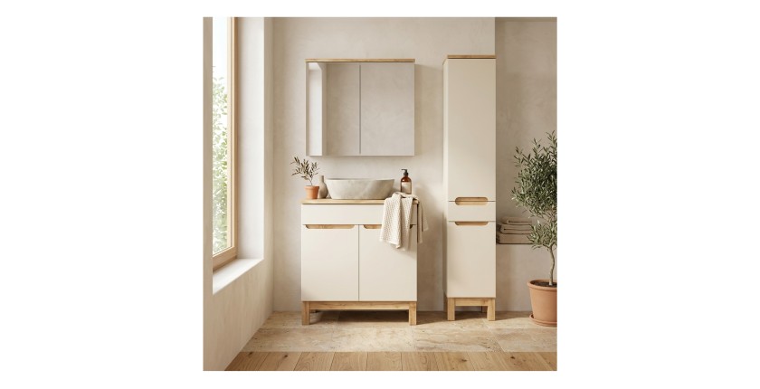 Ensemble ERMANO cachemire 115cm : meuble sous vasque, plan pour vasque biseauté et colonne mis en situation