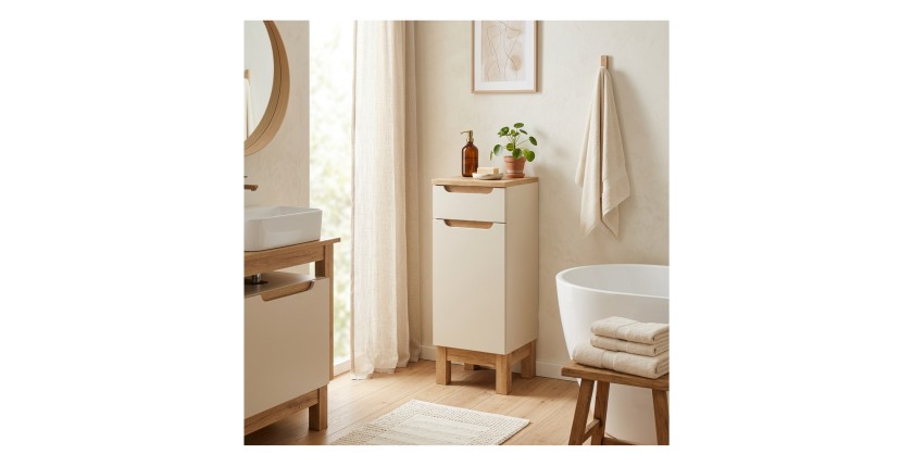 Meuble de rangement à poser ERMANO cachemire et chêne mis en situation