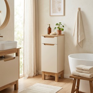 Meuble de rangement à poser ERMANO cachemire et chêne mis en situation