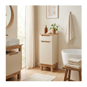 Meuble de rangement à poser ERMANO cachemire et chêne mis en situation